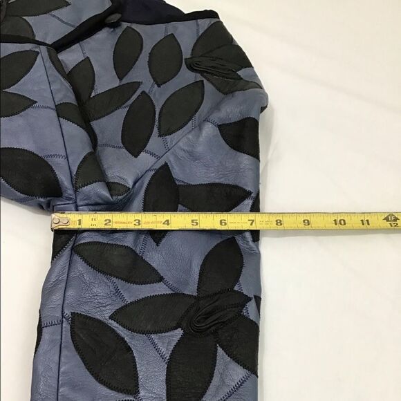 Leather Custom Made Crop Jacket Blue With Flower Petal Crew Neck Cropped Jacket - Picture 9 of 15